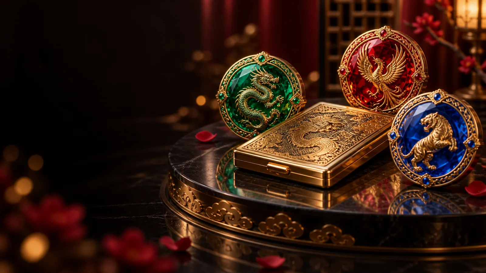 三枚不同顏色勳章與金色卡盒的原創情境圖